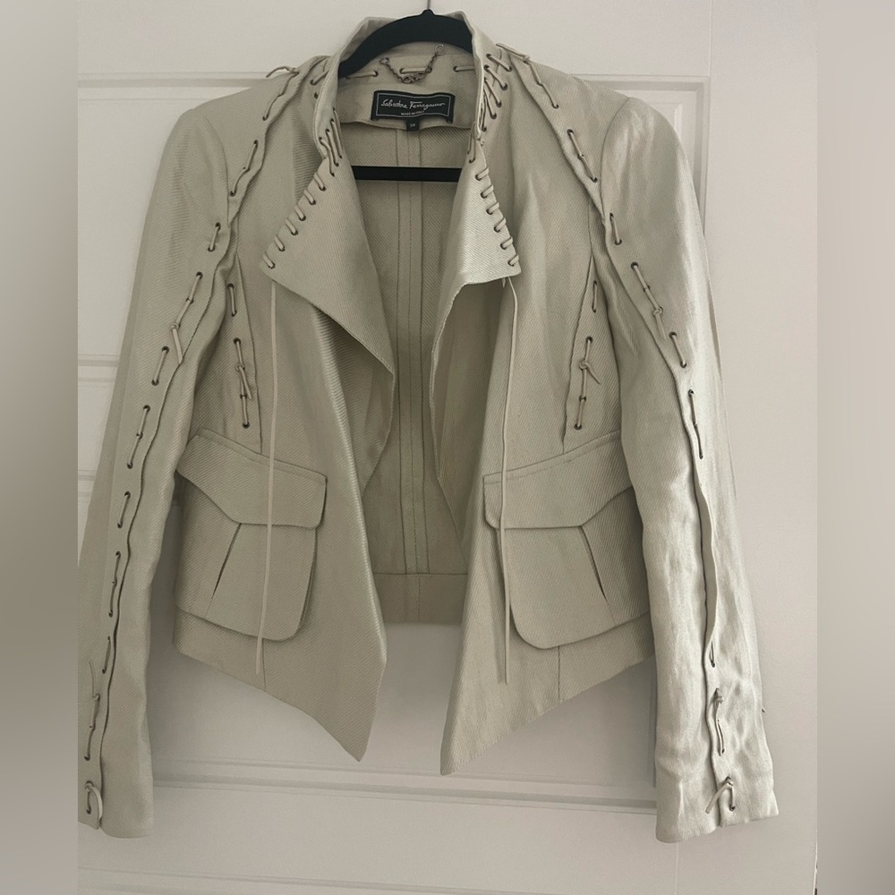 Vintage Ferragamo Linen Jacket Lace Up Detail Beige Italian Designer Blazer Sz38